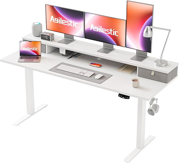 Agilestic 63 x 24 Inches Electric Standing Desk with 2 Storage Drawers, Stand Up Desk Adjustable Height, Sit and Stand Computer Table with Splice Board, White