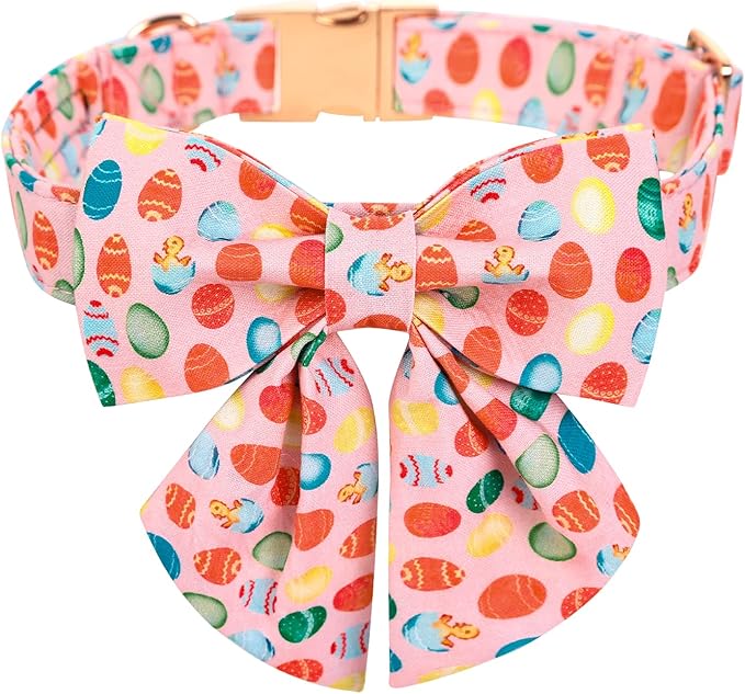 Maca Bates Easter Day Dog Collar with Sailor Bow Tie for Small Girl Boy Dogs, Pink Easter Egg,Chick Pattern,Adjustable Durable Soft Breakaway Collars for Male Female Puppy