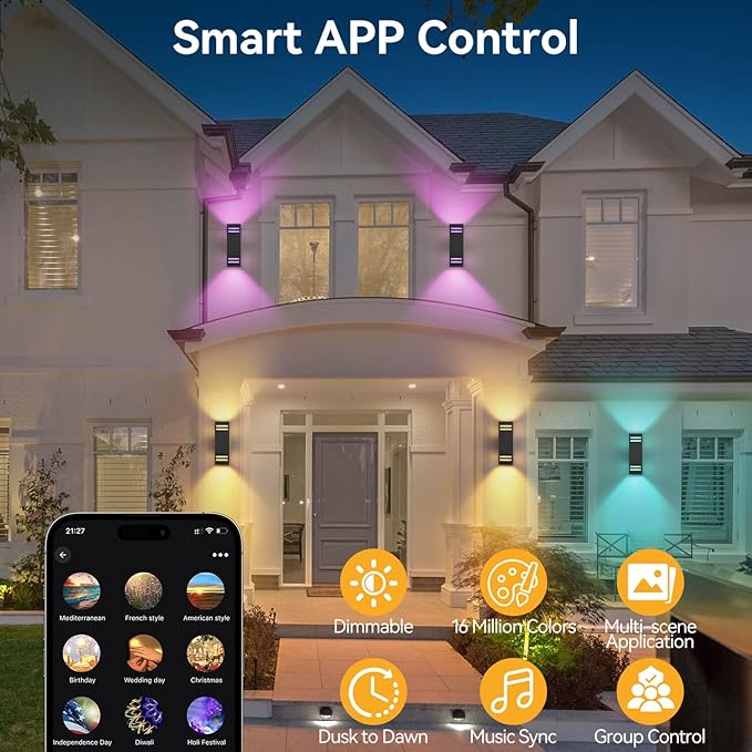 Outdoor Smart Wall Lights 2 Pack, Aluminum Exterior Lighting Fixtures Dusk to Dawn Color Changing Outdoor Lights with Matte Black Finish for Outside Decor, DIY Lighting Effects