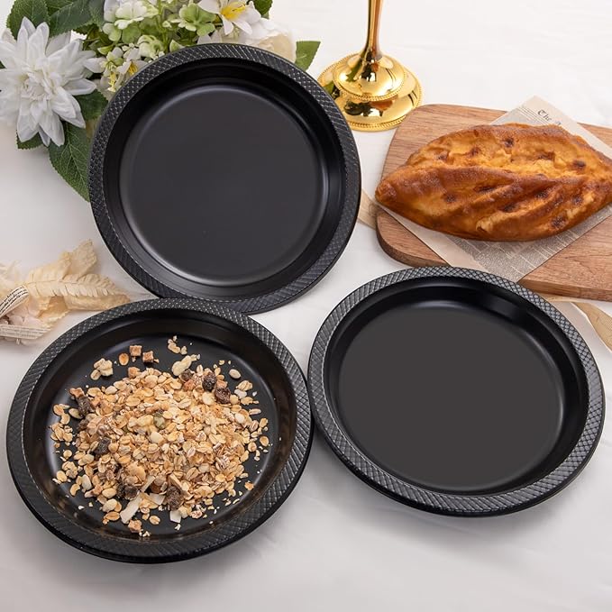 WELLIFE Black Plastic Plates 9 Inch -150 Count for Party, Plastic Disposable Dinner Plates for Halloween Picnic BBQ