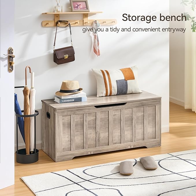 43.3" Storage Chest Extra Large,Storage Trunk with 2 Safety Hinges,Wooden Storage Bench,Shoe Bench,43.3x15.7x19.1 Inch,Easy Assembly,Storage Bench for Bedroom,Living Room,entryway(Greige).
