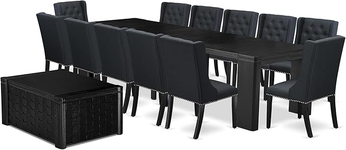 X12FO-0C6-24 - 14-piece Dining Room Table Set a Rectangular Dining Table with a coffee Table and 12 Black Linen Fabric kitchen Chair, 39x120 Inch, Wire Brushed Black