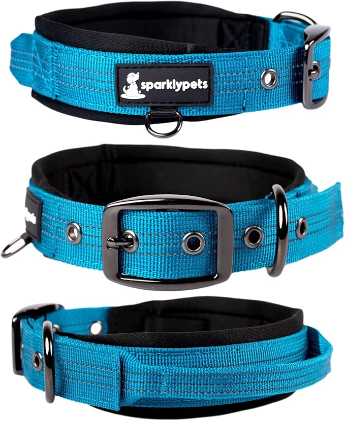 SparklyPets Heavy Duty Dog Collar with Handle for Medium and Large Dogs ??Professional Collar with Reflective Stitches, Soft Handle & Nickel-Plated Buckle (Medium (14,5"~18,5"), Blue)