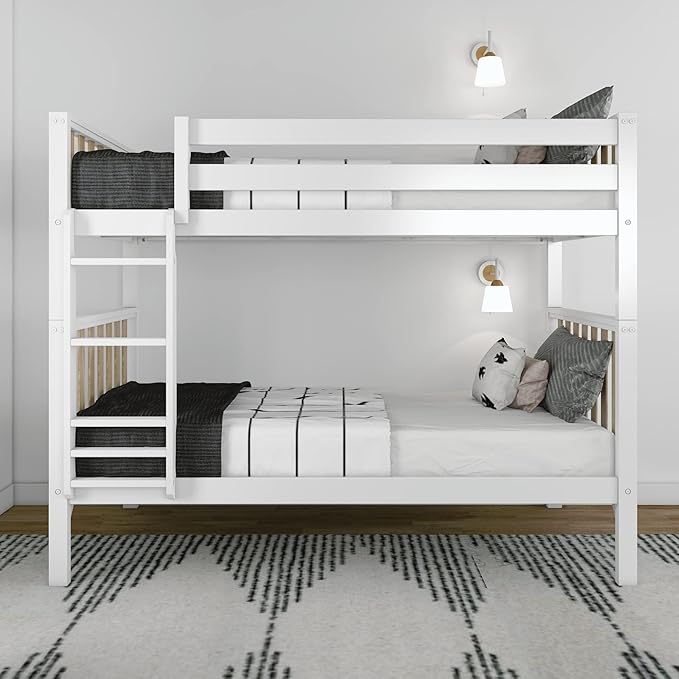 Max & Lily Bunk Bed, Scandinavian Modern Bunk Bed, Solid Wood Twin-Over-Twin Bed Frame for Kids, No Box Spring Needed, Blonde/White