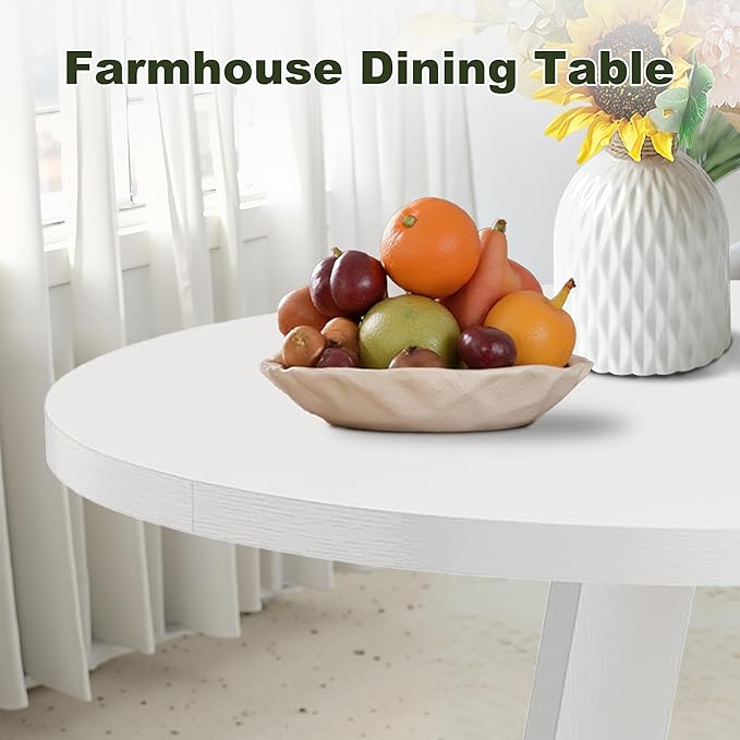 NicBex 47-Inch Round Dining Table for 4, Farmhouse Dinner Table Small Farmhouse Kitchen Tables with Wood Pedestal Base for Dining Room, Kitchen, Living Room, White