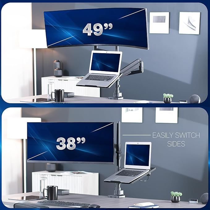 VIVO Pneumatic Arm Ultrawide Monitor Extra Tall Desk Mount for Up to 49 inch Screens and Laptop Tray for Up to 17 inch Notebooks, Holds Ultra-Wides Up to 44 lbs, Black, STAND-V120K-L