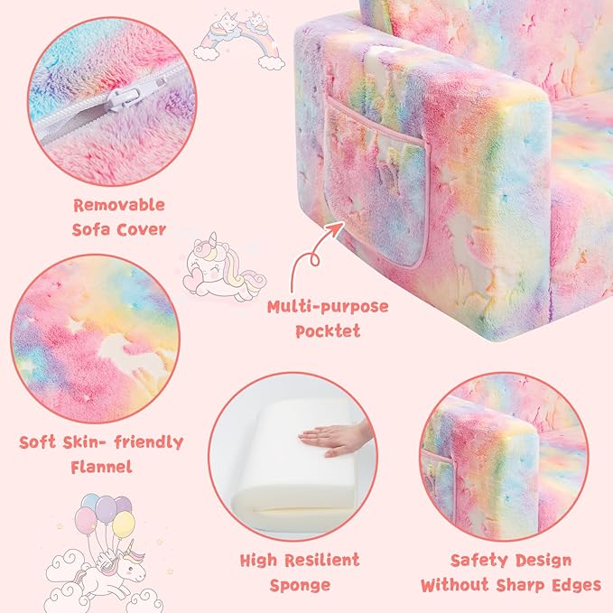 Toddler Couch,Toddler Chair,Kids Sofa Chair 2-in-1 Baby Seat Furniture Fold Out, Convertible Sofa to Lounger Soft Comfy Glow in The Dark Kids Sofa Bed Gifts for Kids Girl Boys,Unicorn