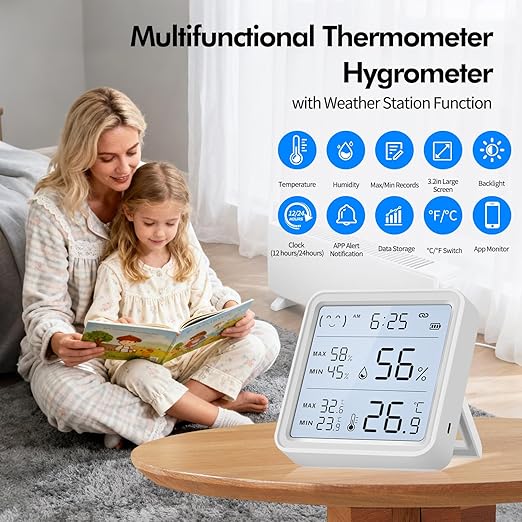 eMylo WiFi Thermometer Hygrometer, Wireless Indoor Humidity Monitor for Room, Smart Temperature Sensor with App Control, Large LCD Display with Light, Notification Alerts, Free Data Storage Export
