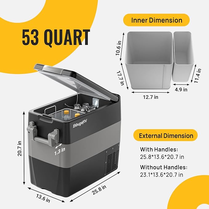 BougeRV 12V Portable Refrigerator 53 Quart Car Freezer Fridge Electric Cooler12V/24V DC 110~240Volt AC for Camping (Included: 53Qt Insulated Cover)