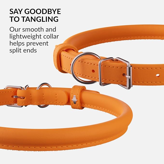 CollarDirect Rolled Leather Dog Collar, Soft Padded Round Puppy Collar, Handmade Genuine Leather Collar Dog Small Large Cat Collars 13 Colors (13-16 Inch, Orange Smooth)