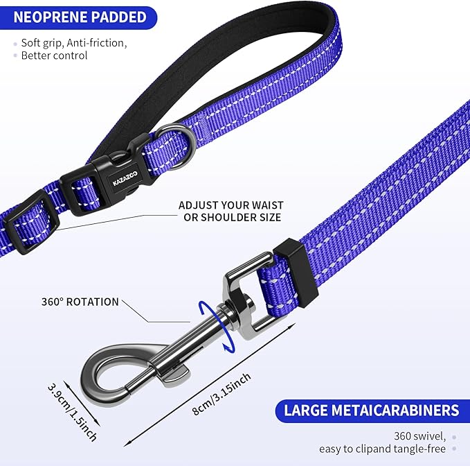 Kazazoo Hands-Free Dog Leash Adjustable Length 5-8 Ft, Waist for Dog Walking, Running for Small &Medium Dogs with Reflective Strips, Ballistic Nylon, Waist Belt, Lightweight Blue