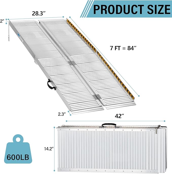 7FT Wheelchair Ramp, Anti-Slip Aluminum Folding Portable Handicap Threshold Entry Ramp for Home, Doorways Steps, Scooter, Stairs, 600LBs Capacity