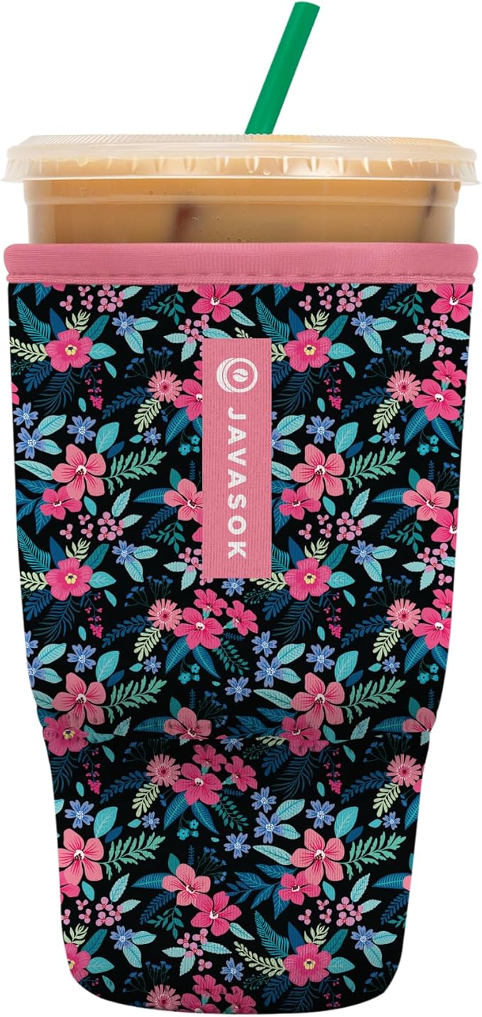 Sok It JavaSok Iced Coffee & Cold Soda Insulated Neoprene Cup Sleeve (Tropical Blooms, Large: 30-32oz)