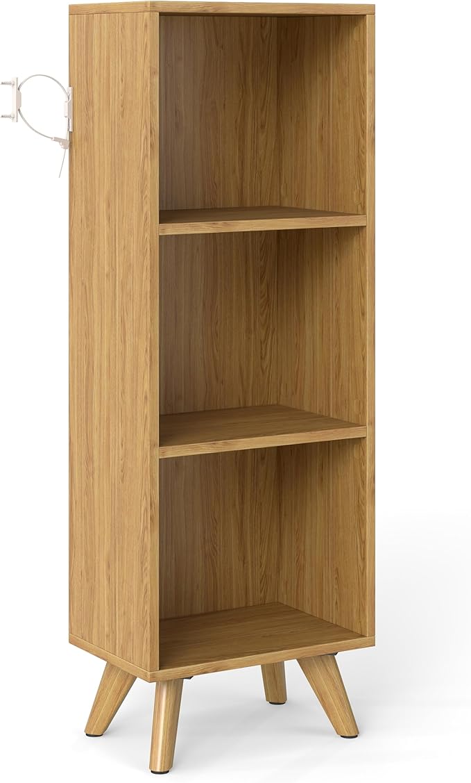 Manora Small Bookcase with 3 Open Shelves, Modern Bookshelf with Wooden Legs, Narrow Storage Organizer for Living Room, Bedroom, Office, Oak