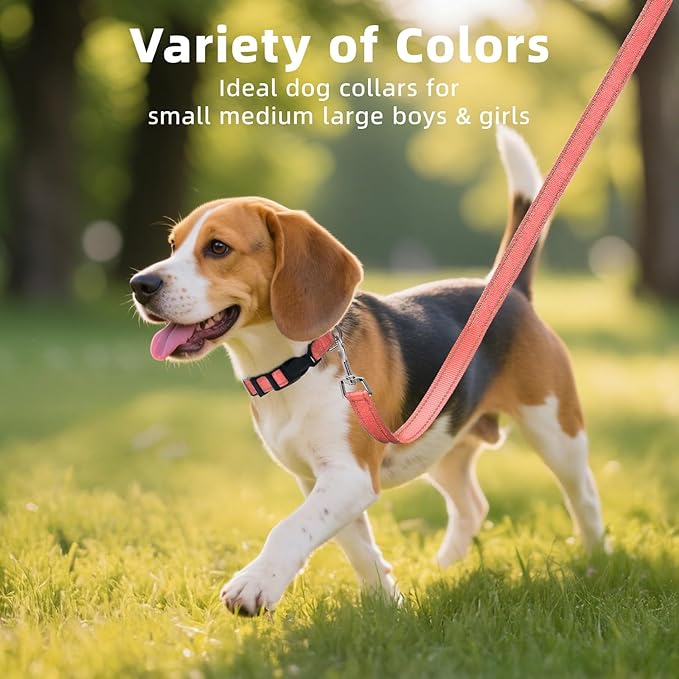 Reflective Dog Collar for Mediunm Dogs, Adjustable Collar with Soft Neoprene Padded, Durable Buckle for Daily Walking,Neon Pink,M, 1" Width