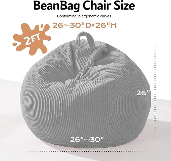 Homguava 2FT Bean Bag Chair,Teardrop Bean Bags Small Beanbag Chair with Memory Foam Filled and Ultra Soft Corduroy Cover for Living Room, Bedroom(Light Grey)