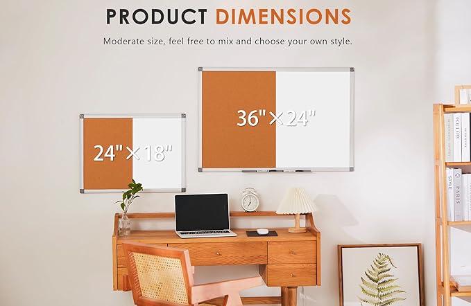 S SWANCROWN Dry Erase Board Cork Board Combo, 24"x18" Magnetic White Board and Bulletin Pin Board Combination,Hanging Wall Mounted Vision Board for Home, School, Office,Silver Frame