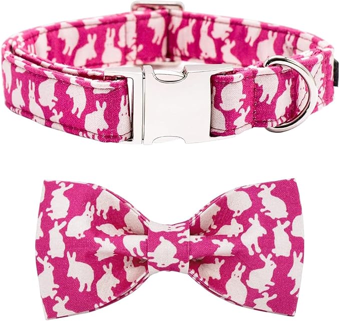 Maca Bates Easter Day Rabbit Dog Collar with Fancy Bow Tie for Extra Large Girl Boy Dogs, Pink Bunny Pattern,Adjustable Durable Soft Breakaway Collars for Male Female Puppy