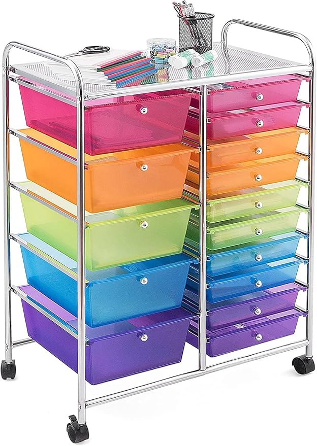 COSTWAY 15 Drawer Rolling Storage Cart, Mobile Utility Cart with Lockable Wheels, Drawers, Multipurpose Organizer Cart for Home, Office, School, Rainbow