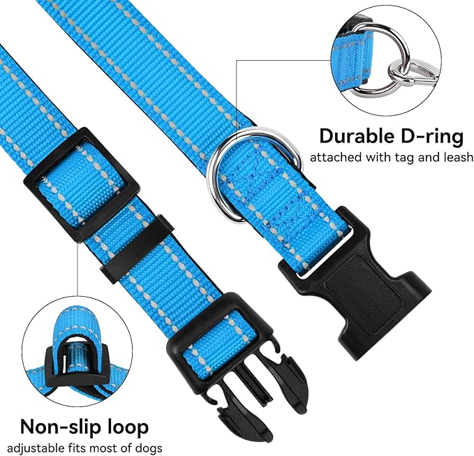 Reflective Dog Collar for Mediunm Dogs, Adjustable Collar with Soft Neoprene Padded, Durable Buckle for Daily Walking,Aqua Blue,M, 1" Width