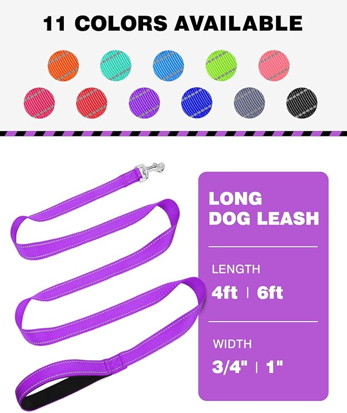 Reflective Dog Leash 6ft Soft Padded Handle Nylon Lead for Small & Medium Dogs, Durable Walking Training Leash for Night Safety (Purple,3/4Inch Wide)