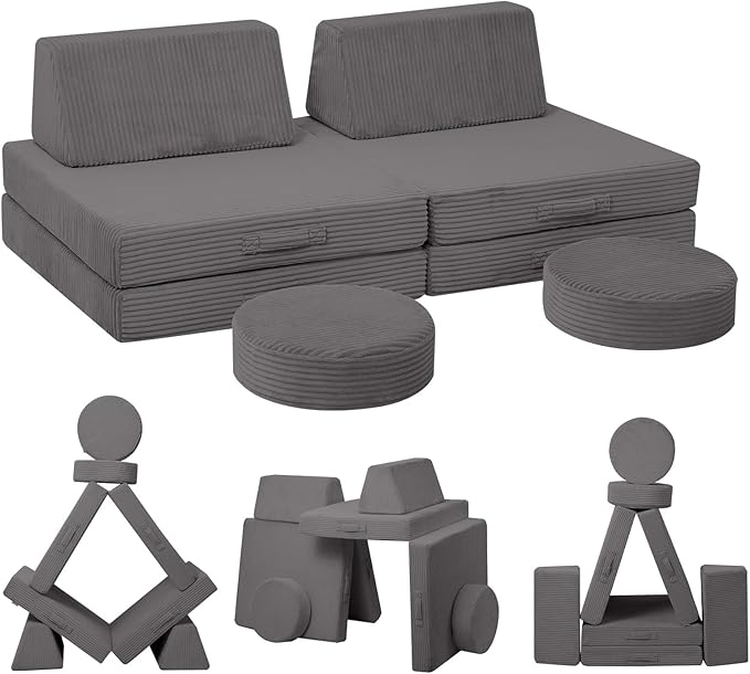 MeMoreCool Kids Couch for Playroom, Corduroy Convertible Toddler Couch, 8 Piece Modular Play Sofa, Foam Fort Building Set for Child Room Furniture, Dark Grey