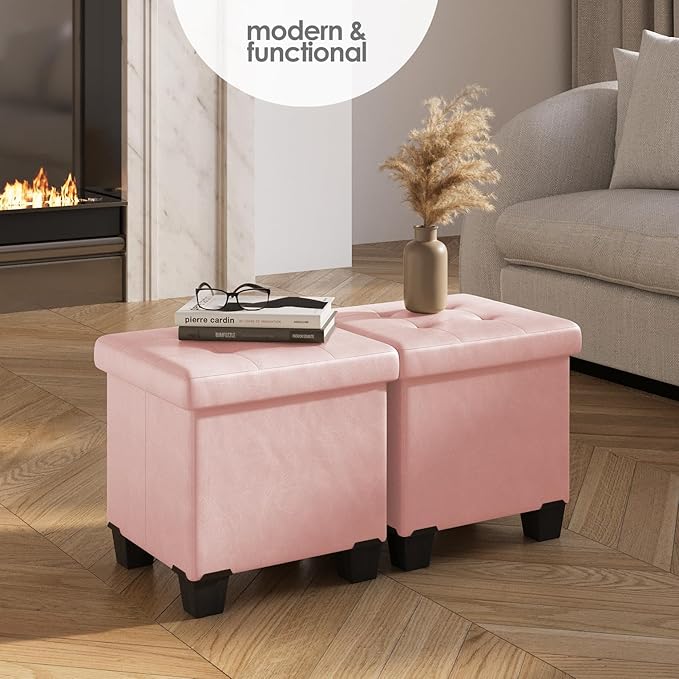 STORAGEBUD Storage Ottoman Cube with Small Bin, 16-in Square Ottoman with Storage for Living Room and Bedroom, Small Ottomans Foot Rest, Faux Leather Foot Stools Ottomans Max 330lbs, Pink