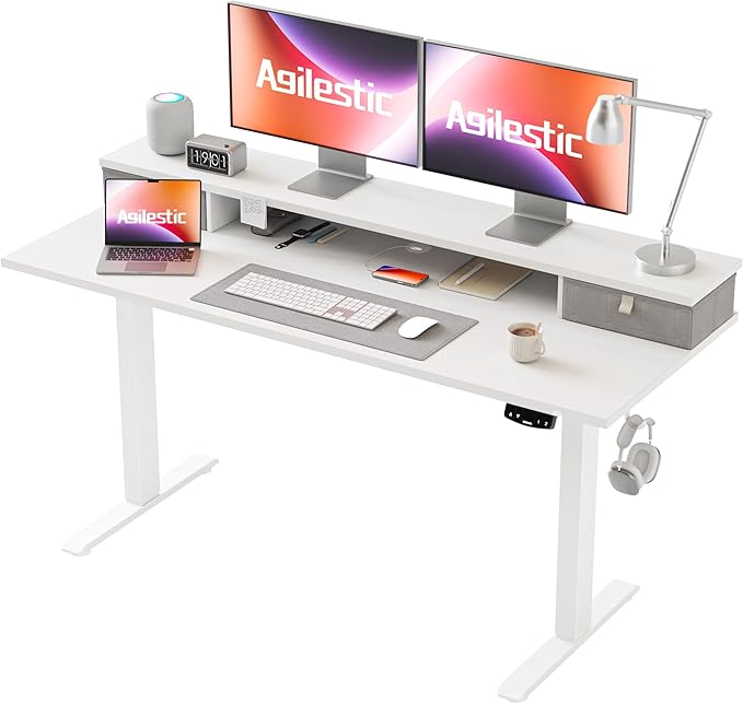 Agilestic 53 x 24 Inches Height Adjustable Electric Standing Desk with 2 Drawers, Stand Up Electric Desk Adjustable Height, Sit Stand Computer Gaming Table with Splice Board, White