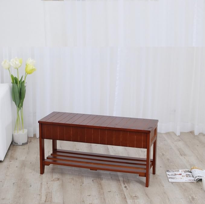 Roundhill Furniture Quality Solid Wood Shoe Bench with Storage, Cherry