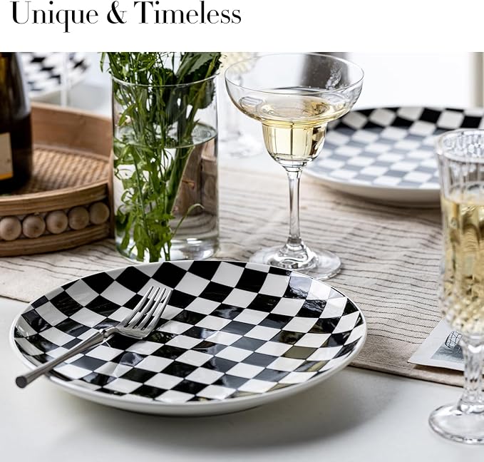 Ceramic Dinner Plates Set of 6-10 Inch Salad Plates, Black and White Checkered Porcelain Dinner Plates Microwave, Oven & Dishwasher Safe, Minimalist Porcelain Dish Set