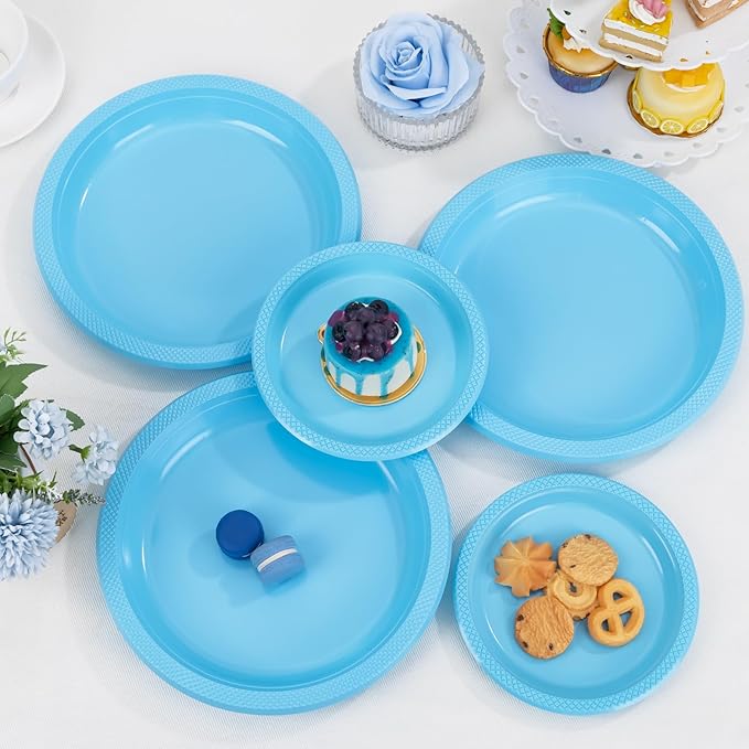 WELLIFE Light Blue Party Plates 7 Inch -150 Count, Disposable Plastic Baby Blue Dessert Plates for Party Cake Appetizer Salad Baby Shower
