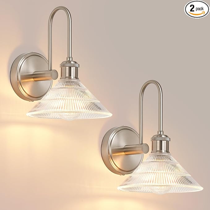Wall Sconce Set of 2, Nickel Vintage Light Fixtures with Round Clear Glass Lampshade, Hardwired Sconces Wall Lighting for Bedroom, Bathroom, Living Room | Includes 2 LED Bulbs