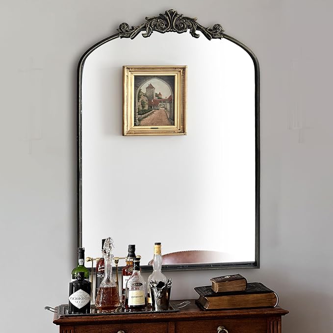 WAMIRRO Ornate Black Mirror,Vintage Arched Baroque Antique Mirorrs for Living Room Hallway Fireplace Bathroom Entryway 24"X36"