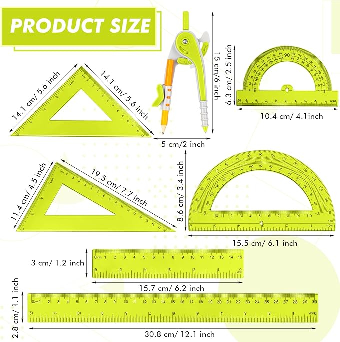 Zonon 1 Set Plastic Geometry Math Set 7 Pcs Includes 6'' / 4 '' Protractor, Drawing Compass, 45/60 Degree Triangle Rulers, 12'' / 6'' Math Ruler Transparent for Office Supplies(Yellow)