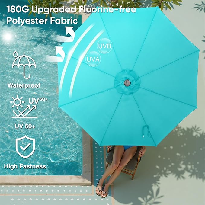 DUMOS 10 FT Outdoor Patio Umbrella with 32 LED Lights UV-Resistant Market Umbrella with Tilt Adjustment & Crank Lift, All-Weather Shade for Backyard, Deck, Garden, Beach - Classic Blue