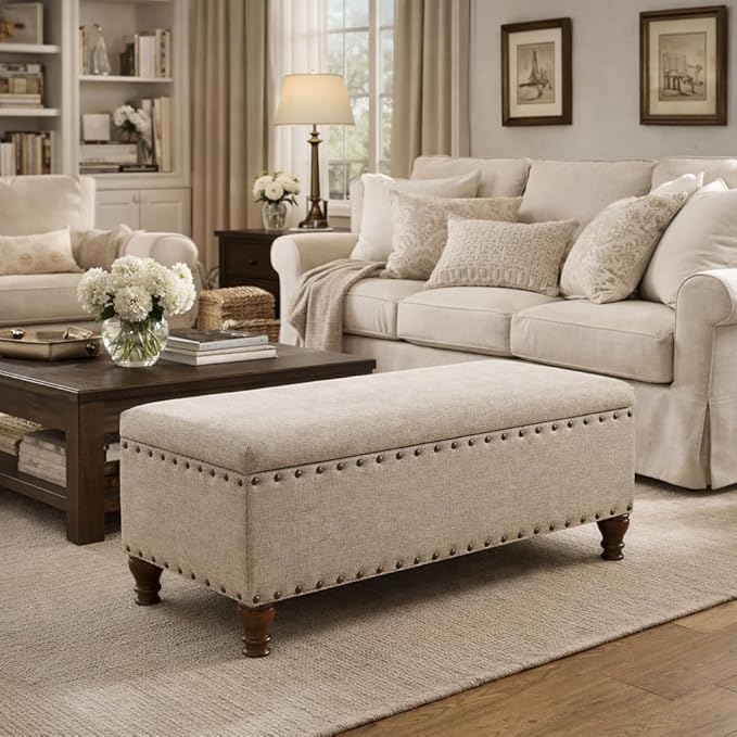 HomePop Large Storage Bench with Nailhead Trim - Taupe and Cream