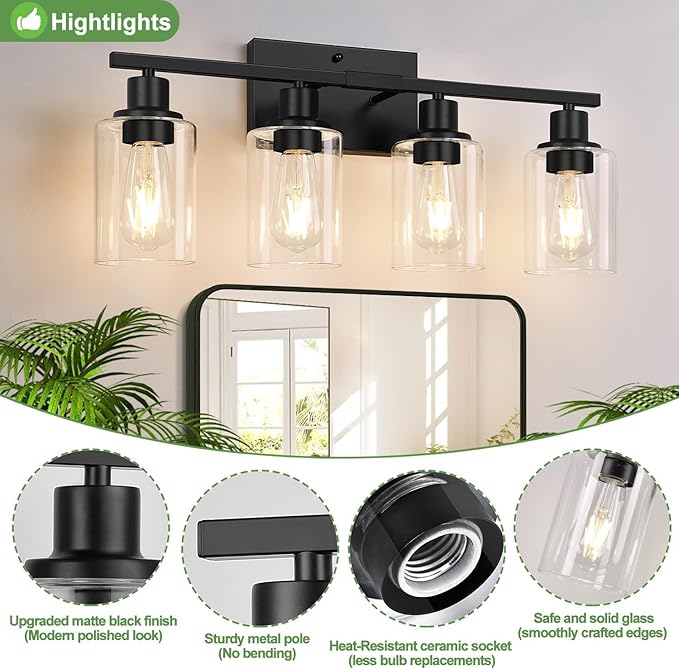 4-Light Bathroom Light Fixtures, Matte Black Modern Vanity Lights with Clear Glass Shades, Bathroom Wall Lamp for Mirror Living Room Cabinet Bedroom Porch