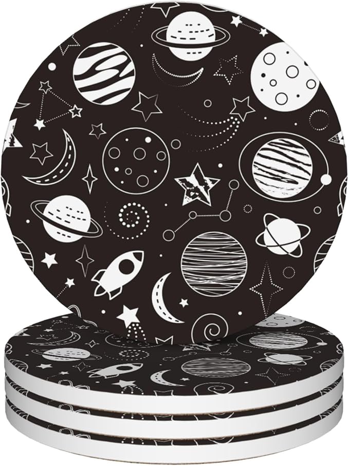 Drinks Coasters Set of 4, Cute Planets Rockets Round 4" Cup Coasters, Absorbent Ceramic Stone Coasters with Cork Base, Cute Coasters for Table Home Décor, Ideal Gifts for Women Men