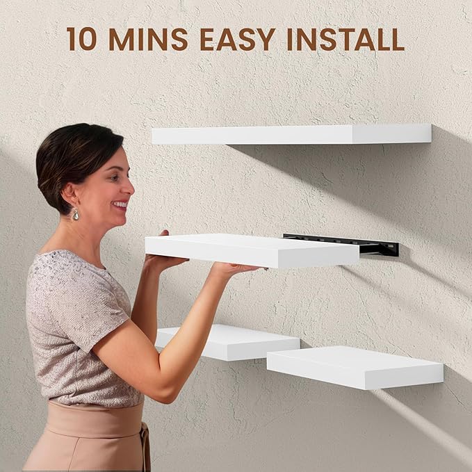 Heimlove 24 Inch Floating Shelves for Wall White Shelves Set of 2,Wall Mounted Rustic Wood 8 Inch Deep Floating Shelf with Invisible Brackets for Bedroom Kitchen Living Room
