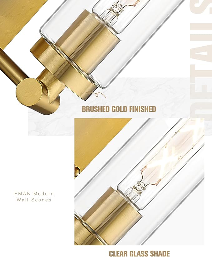 Emak Wall Sconces Set of Two, Modern Brushed Gold Sconce with Clear Glass Shade, Bathroom Lighting Fixtures for Mirror, Living Room, Bedroom, Gallery, WS086-BGD-CG-2PK