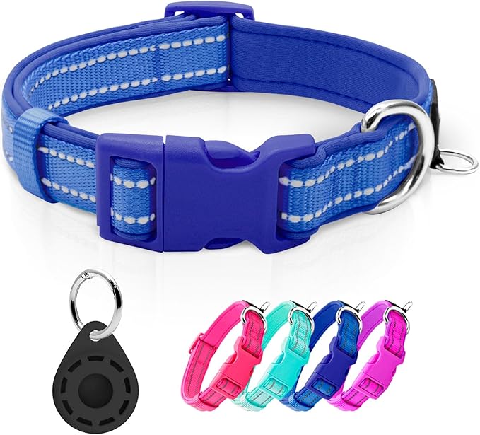 azuza Reflective Dog Collar with Airtag Holder, Soft Neoprene Padded Pet Collar with ID Tag Ring, Adjustable for Medium Dogs,Royal Blue,M