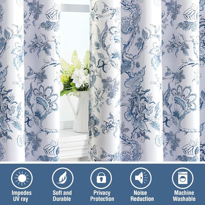 H.VERSAILTEX Blackout Curtains 96 Inch Length 2 Panels Set Floral Print Curtain Drapes for Living Room Thermal Insulated Grommet Window Curtains for Bedroom - Traditional Floral in Storm Blue