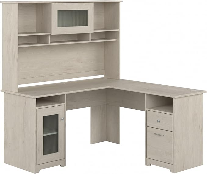 Bush Furniture Cabot L Shaped Desk with Hutch | Corner Desk with Storage for Home Office in Linen White Oak | 60W L Shaped Computer Desk