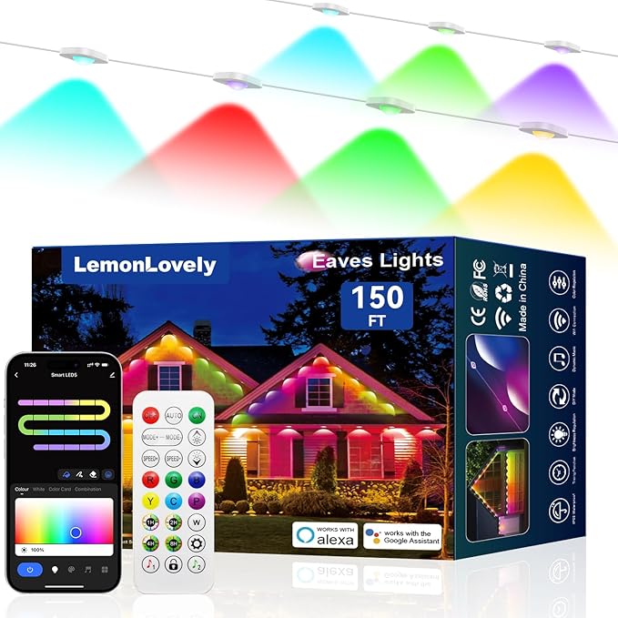 Permanent Outdoor Lights for House, RGB+IC IP67 Waterproof Smart Eave Lights 150ft with 108 LED, Eternity Lighting for Holiday Daily Decor, Work with Remote, APP