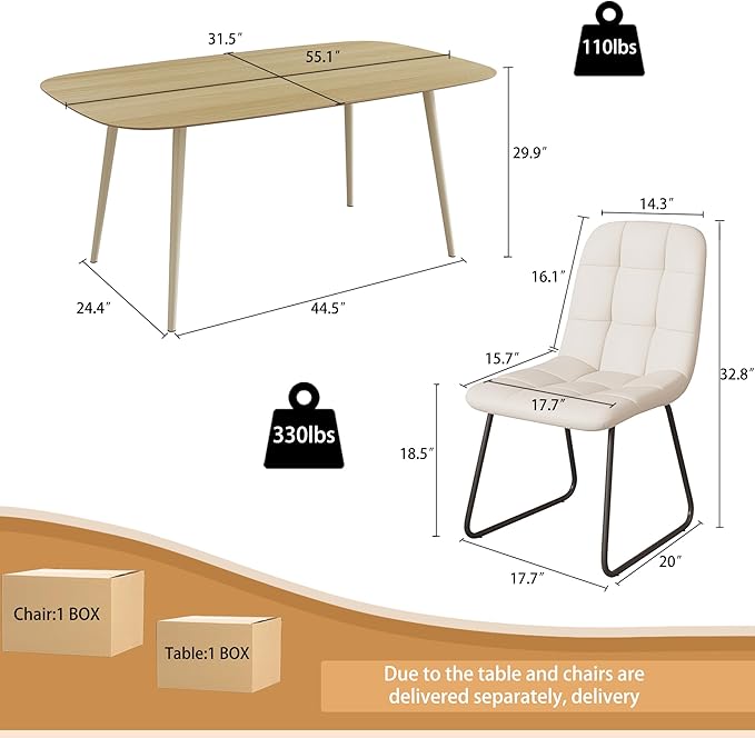47.2'' Dining Table Set for 4 - Modern Wood Table with Cat Scratch-Resistant Surface & 4 U-Shaped White Leather Chairs, Kitchen & Dining Room Furniture, Space-Saving Table and Chairs Set