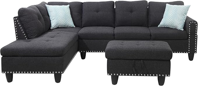 Ball & Cast 98" L Shaped Sectional Couch for Living Room with Chaise & Storage Ottoman,4 Seat Linen Upholstered Modular Sectional Sofa Set 3 PCS W/Cup Holders & Coffee Table,for Home,Office,Charcoal