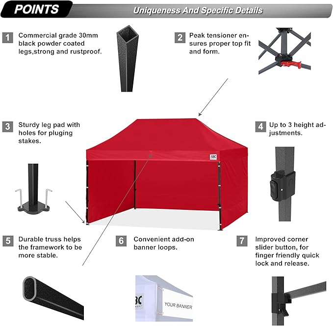 ABCCANOPY Heavy Duty Easy Pop up Canopy Tent with Sidewalls 10x15, Red