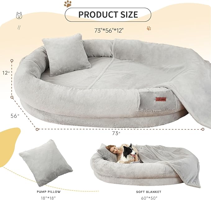 Human Dog Bed for Adults, 73"x56"x12" Washable Orthopedic Size, Faux Fur Removable, Cozy Large Present with Blanket and Pillow, Grey