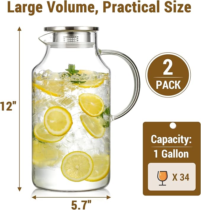 2 Pack 1 Gallon thickened Glass Pitcher with Lid and Spout, Borosilicate Glass Carafe for Hot/Cold Drink, Water Pitchers for Fridge, Extra Large Jug with Handle for Iced Tea, Coffee,Juice, Beverage