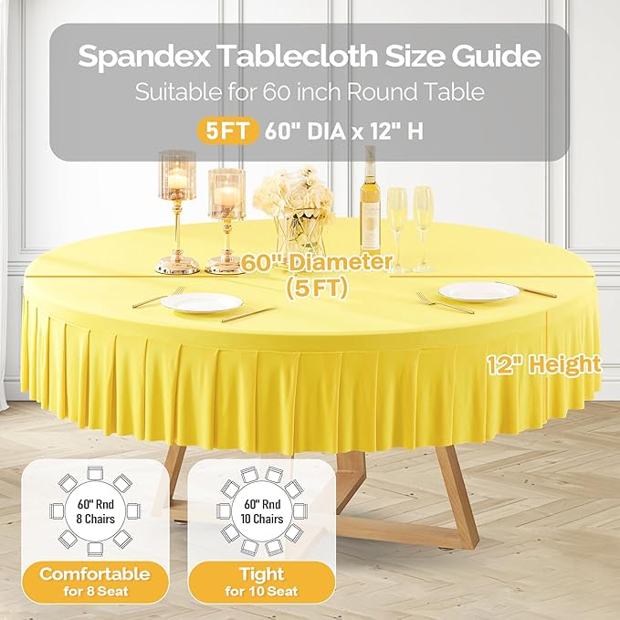 1 Pack Yellow Spandex Round Tablecloth - 5FT Fitted Table Cover with Skirt for 60 inch Table, Wrinkle Free for Wedding Party Dining Banquet
